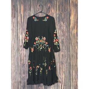 Zoya Womens Black Floral Embroidered Boho Drop Waist Ruffle Hem Midi Dress
